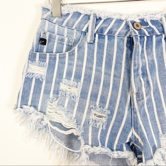 KANCAN Hi Rise Striped Jean Shorts Destroyed Fringe Raw Hem Distressed Small - Picture 4 of 10